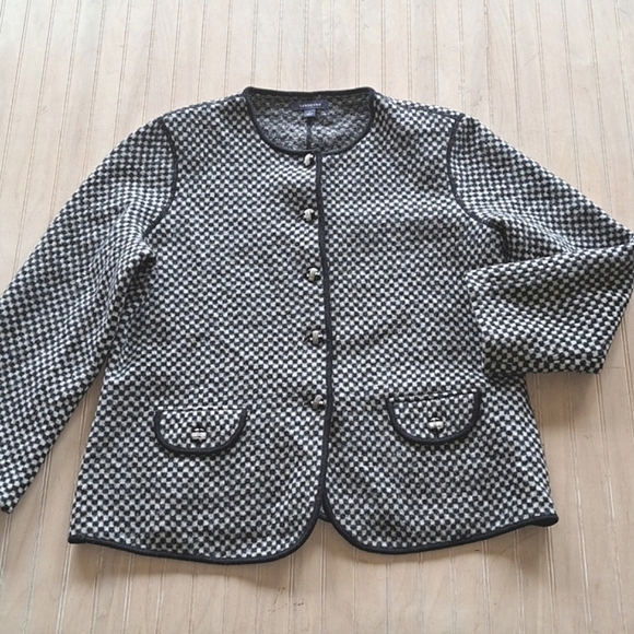 Land's End Wool Chic Checkered Traditional Button Up Cardigan Jacket - Picture 1 of 8